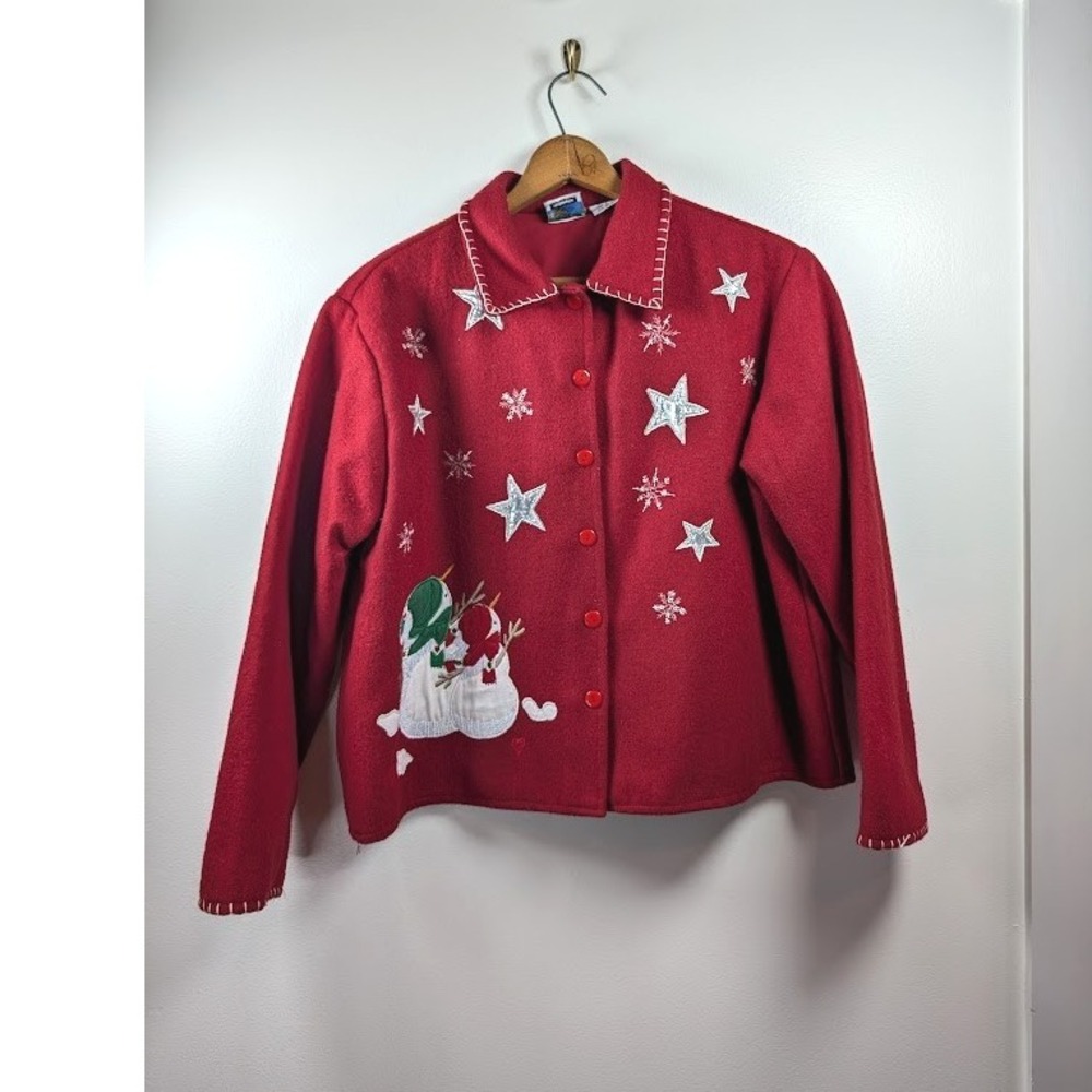 Vintage Take‎ Two Clothing Cardigan Sweater jacket Size Large Snowman Lined Wool